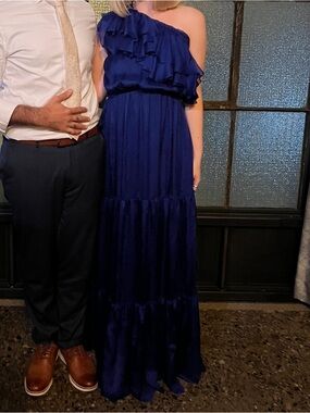 One-Shoulder Ruffle Silk Gown - Royal Navy Blue